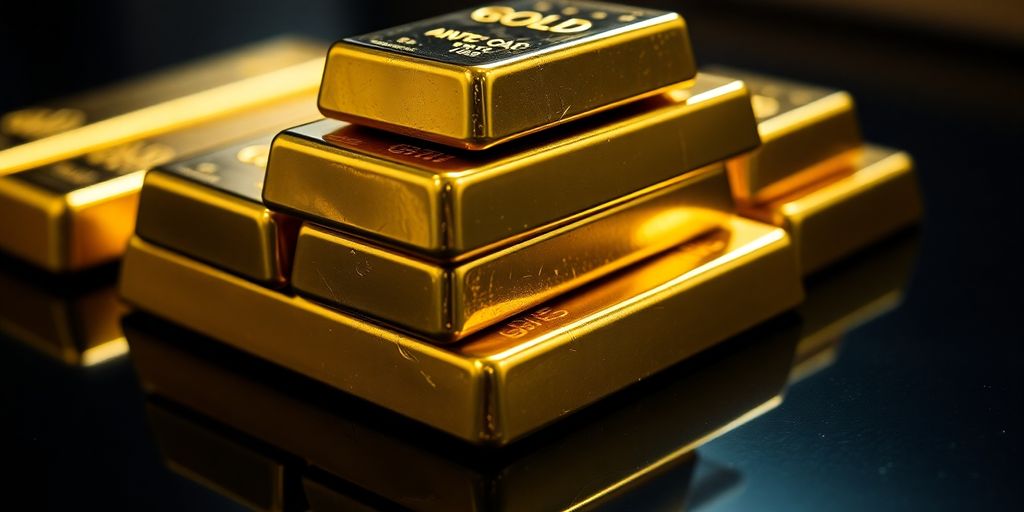 Lingots d'or empilés, brillant sous la lumière.