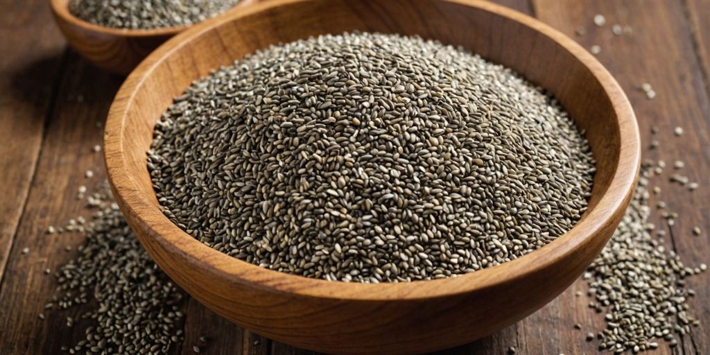 Wooden bowl with organic chia seeds on table.