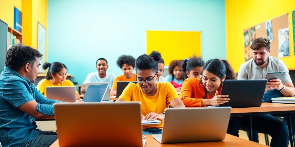 Diverse students engaged in online learning in a classroom.