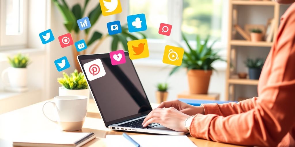 Person working on laptop with social media icons around.