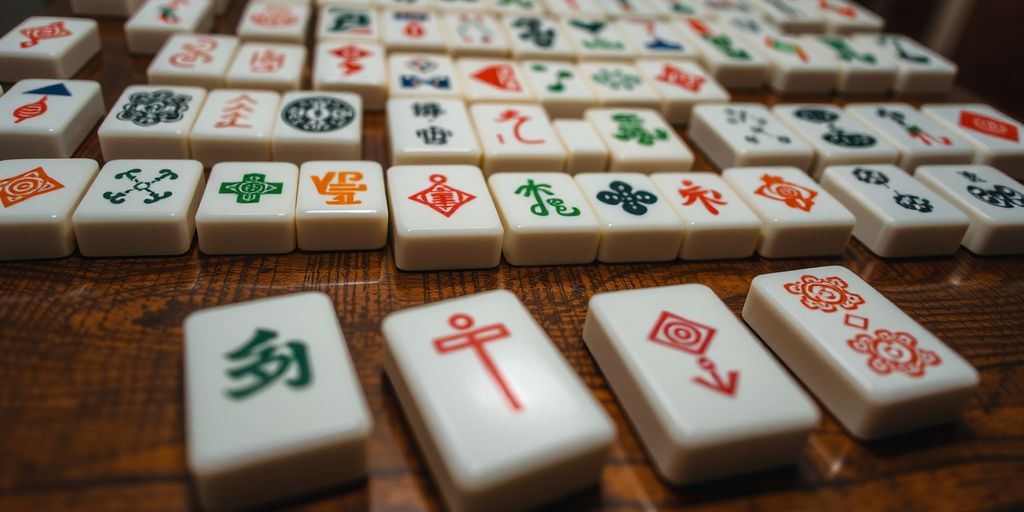 Mahjong tiles arranged on a wooden table.