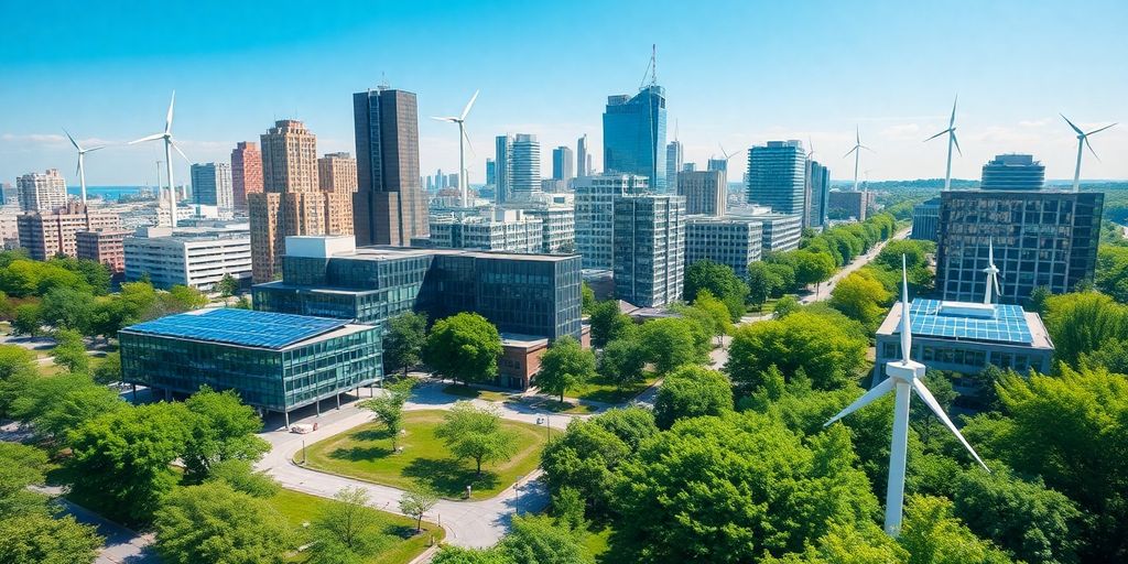 Vue d'une ville moderne avec des technologies écologiques.