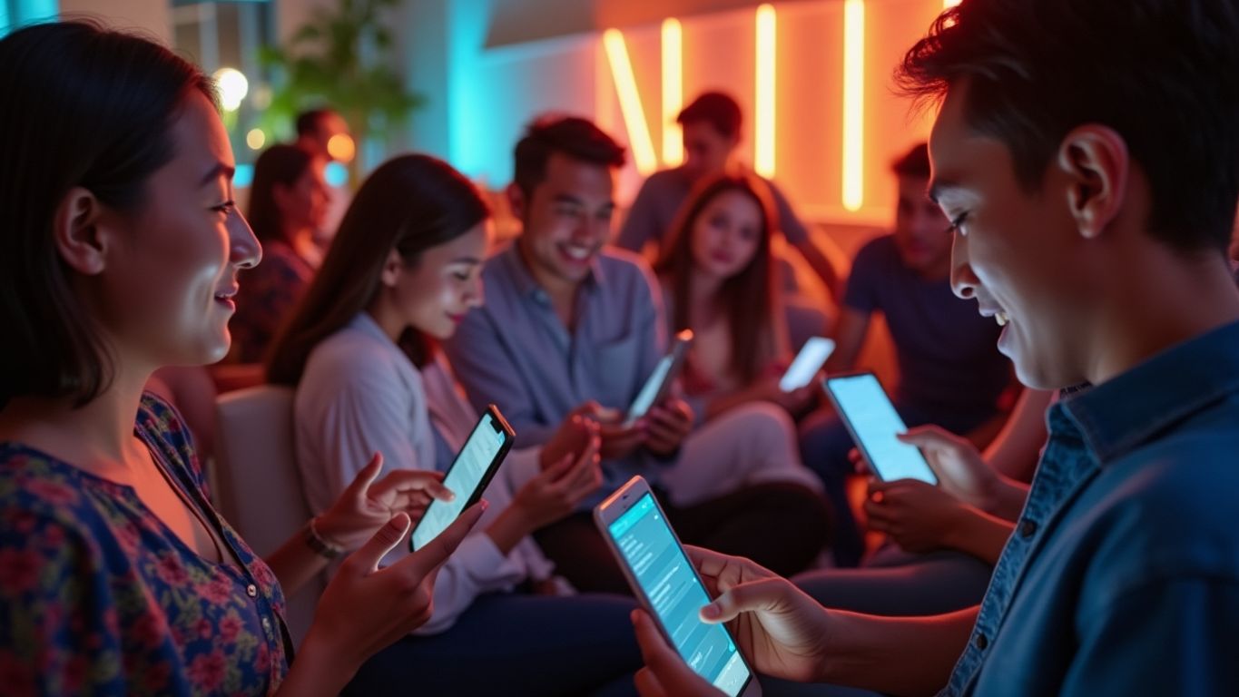 Group of people interacting with faceless digital content.