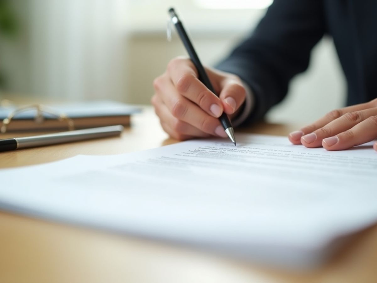 Hand writing a recommendation letter on white paper.