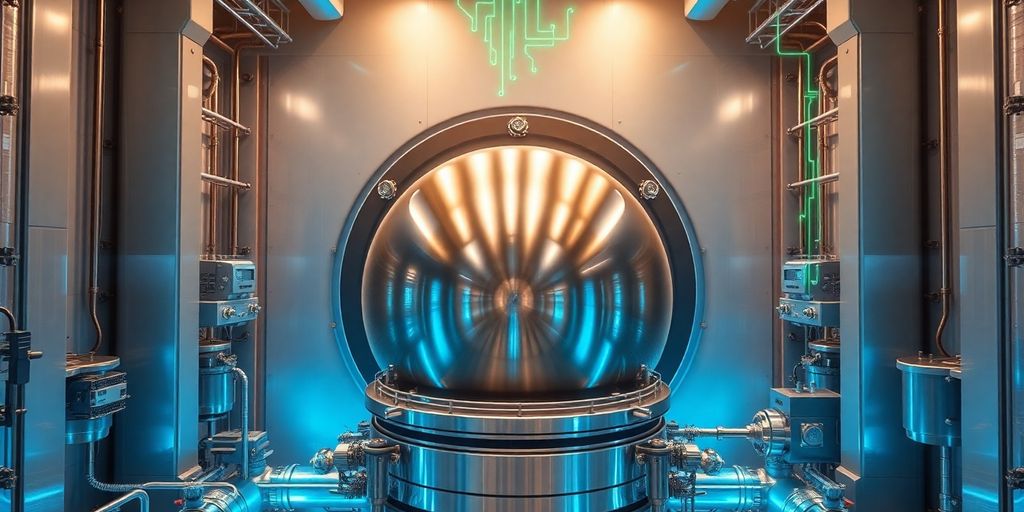 Modern nuclear reactor chamber with glowing coolant pipes and circuitry