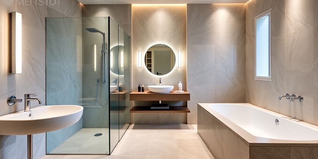 Modern bathroom with sleek fixtures and elegant design.