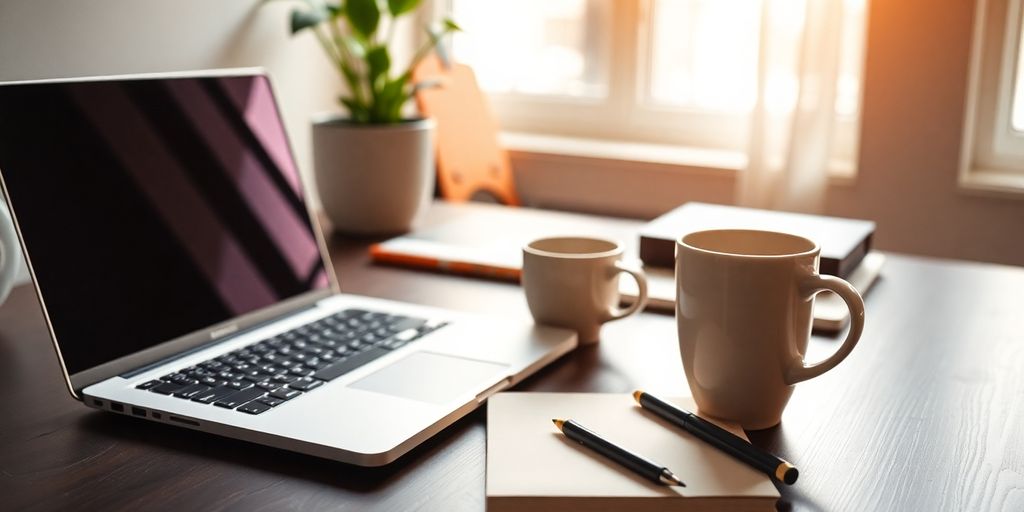A modern freelancing workspace with a laptop and coffee.