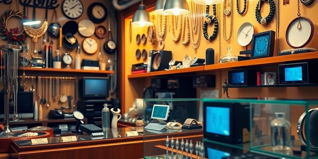Intérieur d'un magasin de prêt sur gage avec objets précieux.