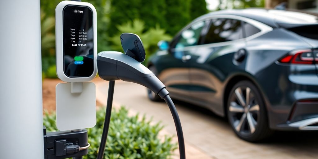 Electric car charging at home with a charging station.