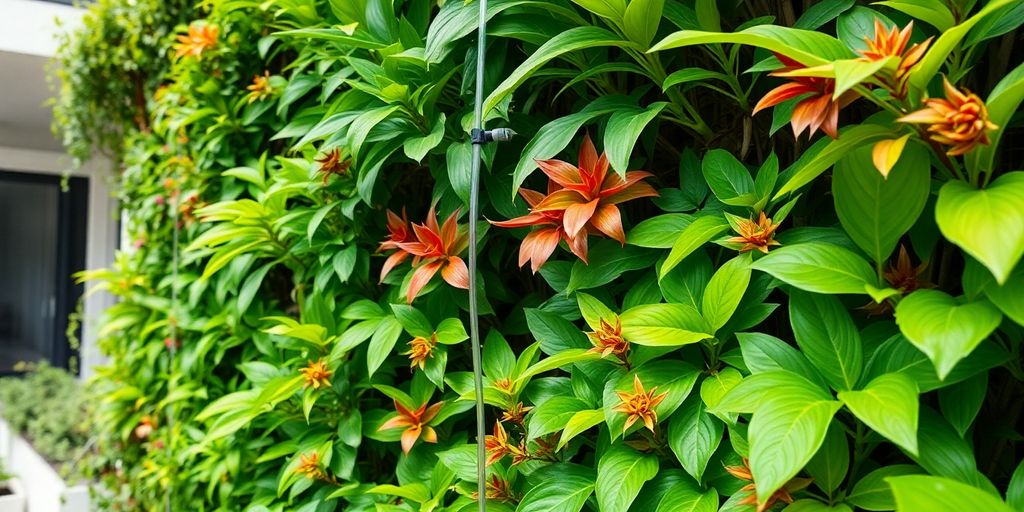 Jardín vertical amazónico exuberante con irrigación visible.