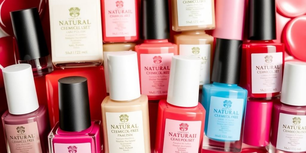 Esmaltes naturais em diversas cores e embalagens ecológicas.