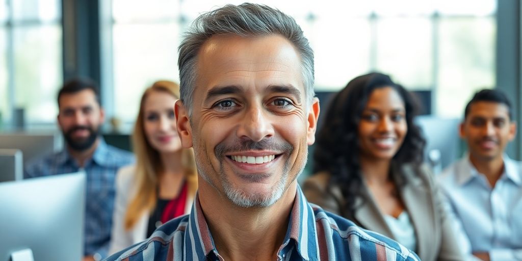 Smiling veteran, diverse professionals, modern office.