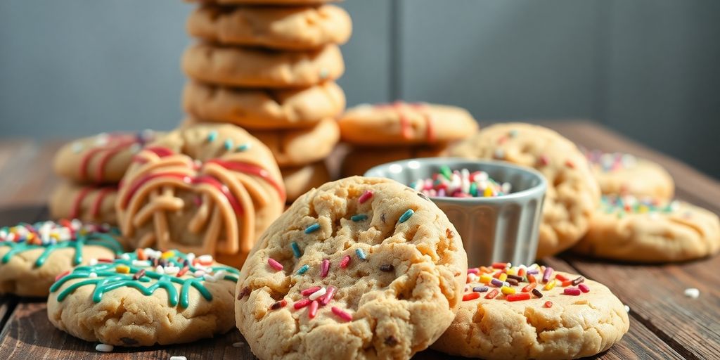 Assorted gluten-free vegan cookies on a rustic wooden table.