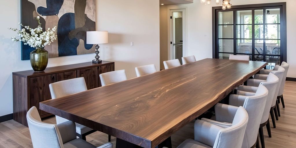 Modern conference room with a long wooden table and elegant decor.