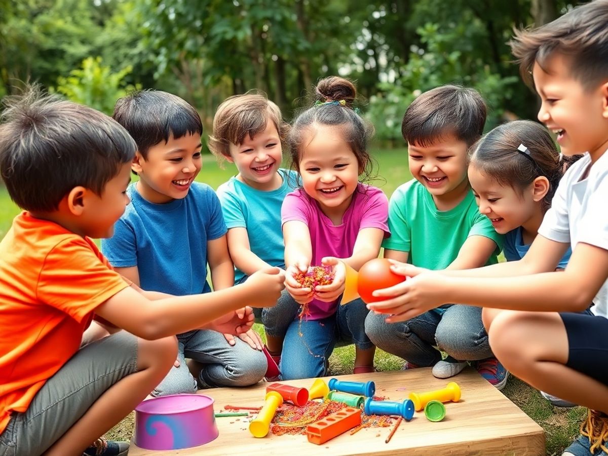 Copii jucându-se împreună în activități de echipă.