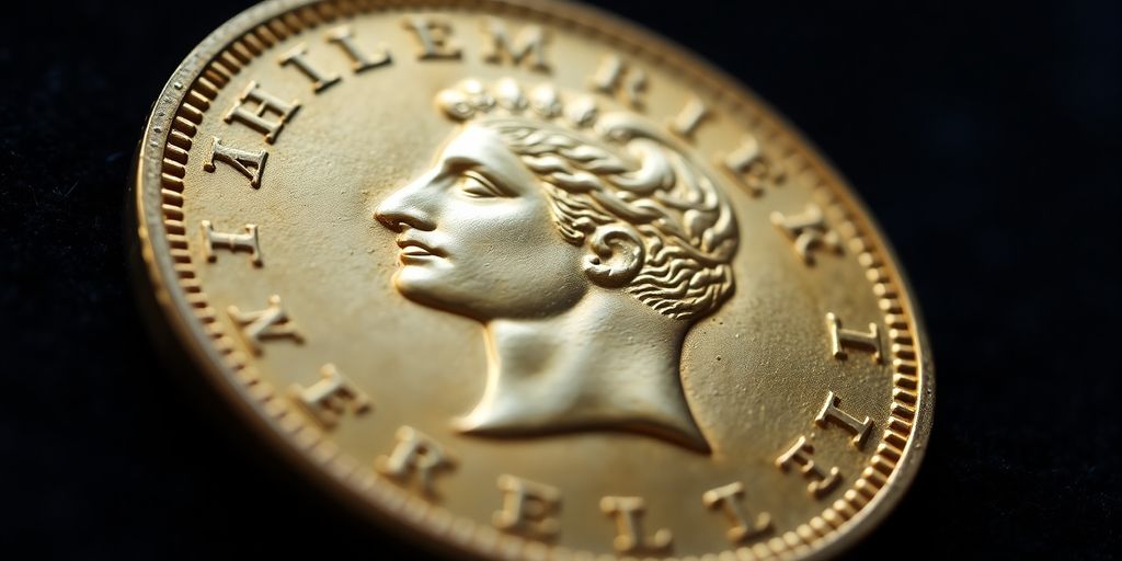 Piece de monnaie Napoléon en or sur fond sombre.