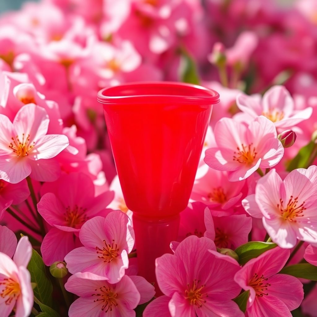 Vibrant red menstrual cup with blooming flowers around it.