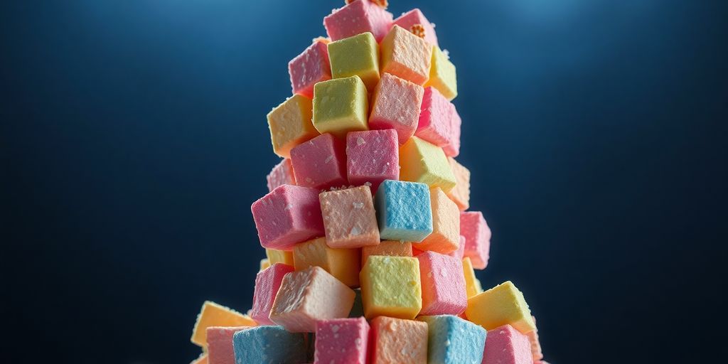 Kid's marshmallow tower creation with sweet, sticky toppings.