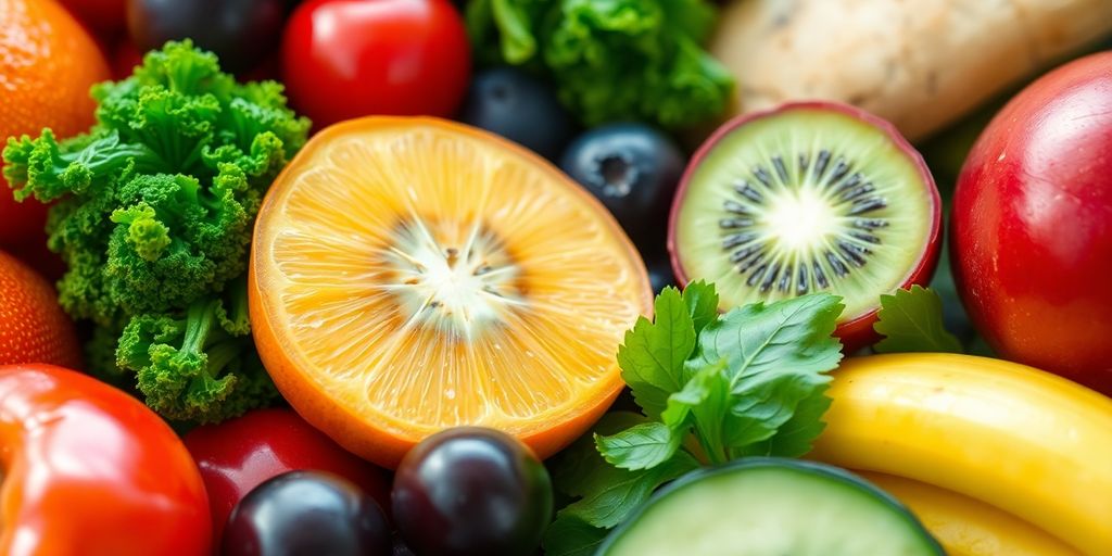 Alimentos saudáveis e coloridos dispostos de forma atraente.