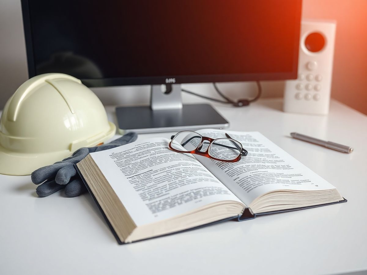 Carte deschisă, ochelari, cască de protecție, mănuși, calculator.