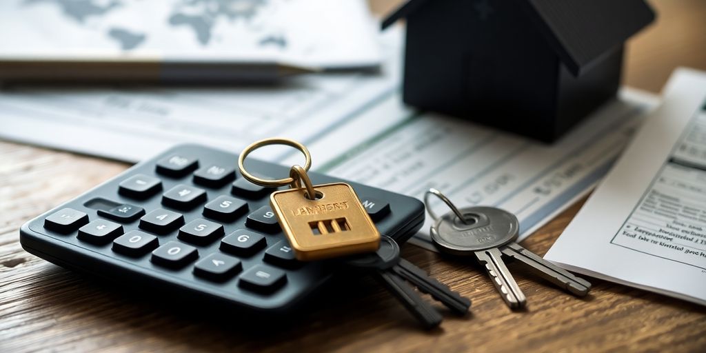 Calculator, keys, and paperwork on a wooden table.