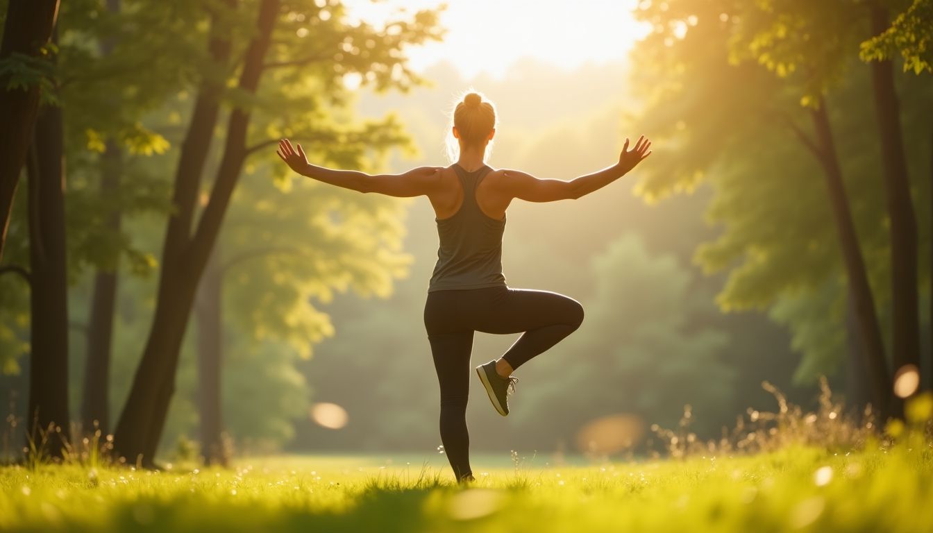 Person doing low-impact aerobics in a peaceful outdoor setting.