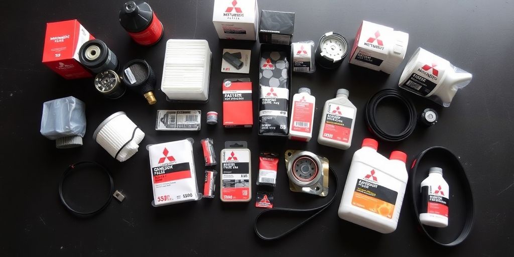 Mitsubishi car parts arranged neatly.