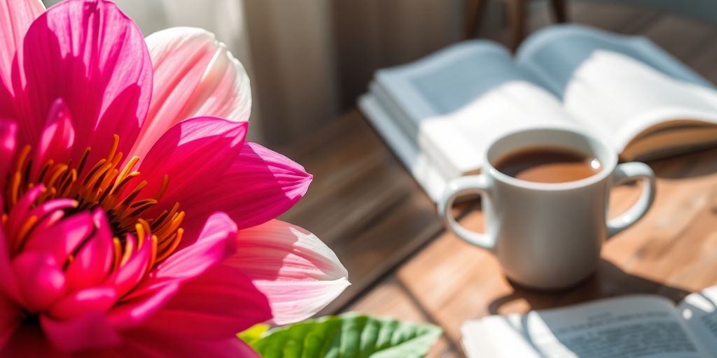 Vibrant flower and coffee cup on a wooden table.