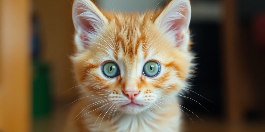A playful orange tabby kitten with bright green eyes.