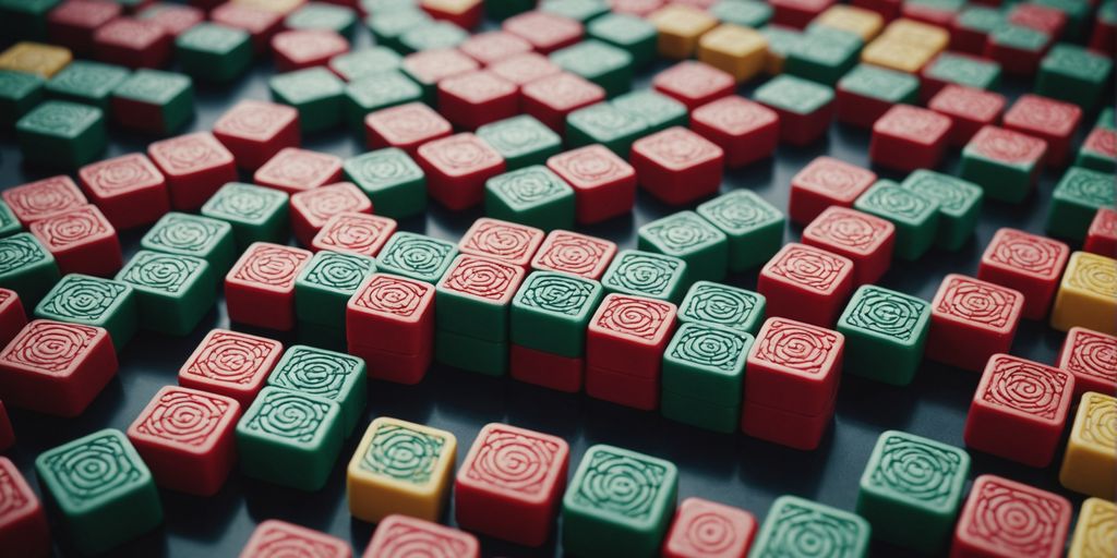 Large Mahjong tiles in a complex, colorful arrangement.