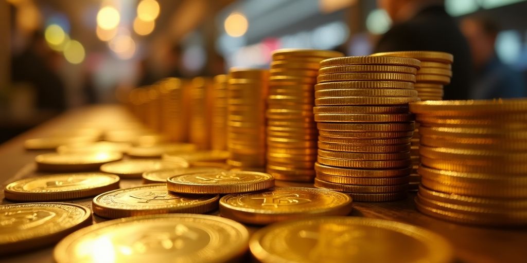 Pièces en or brillantes dans un marché animé.
