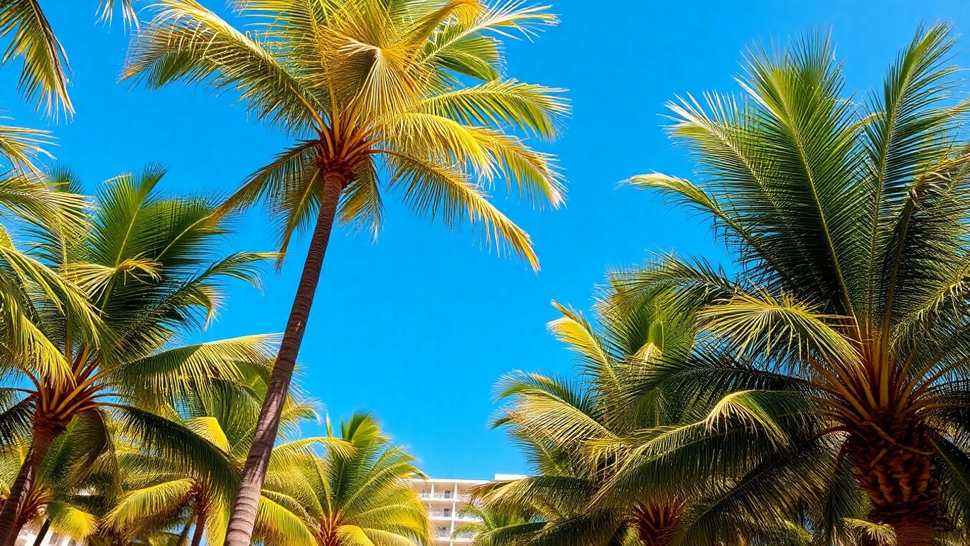 Vibrant palm trees under a bright, sunny sky.