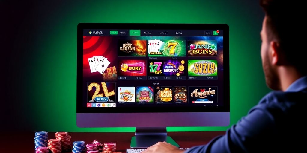 Online casino games on a computer screen with chips.