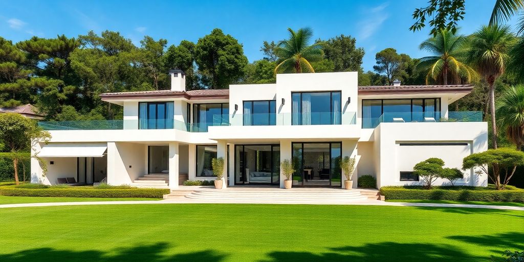 Luxury mansion surrounded by greenery and manicured lawn.