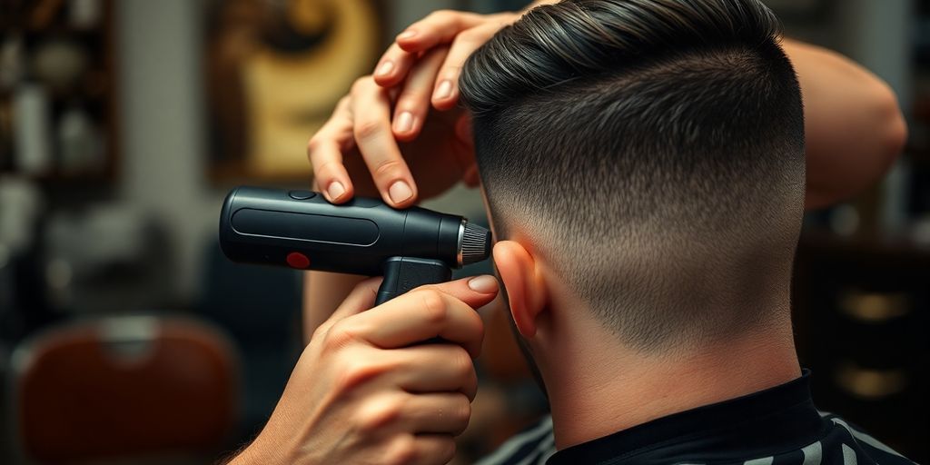 Barber cutting hair with modern tools.