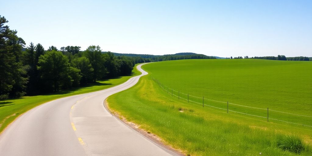 Rural Arkansas road, green trees, open field.