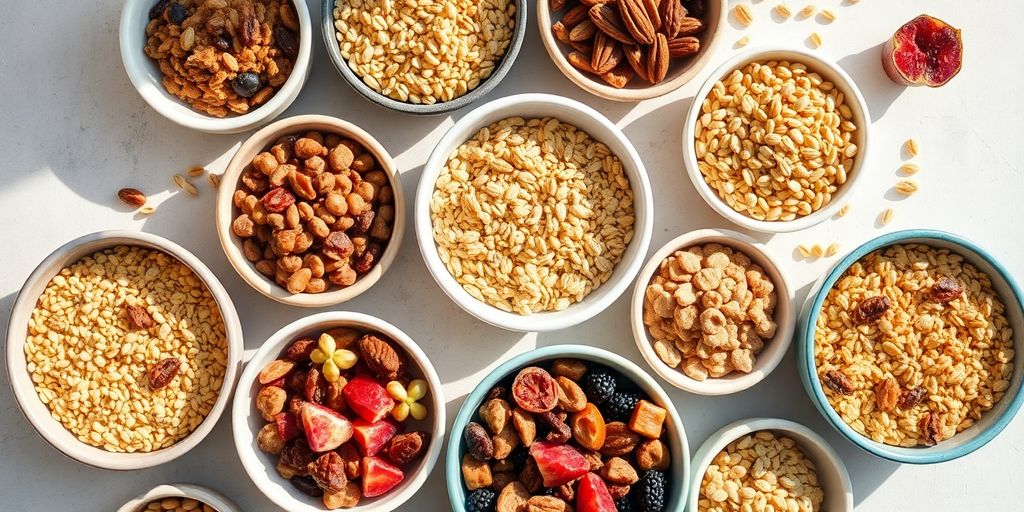 Colourful bowls of assorted healthy Australian cereals.