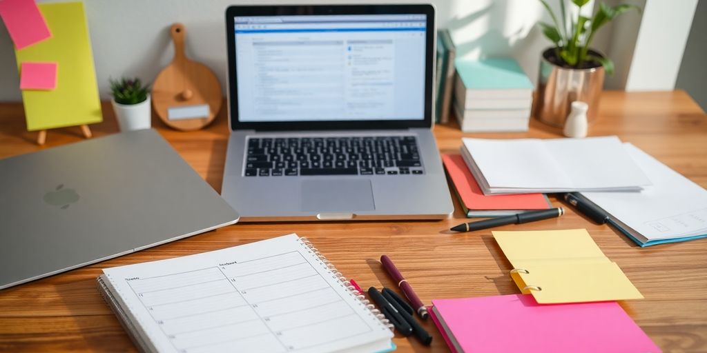 Ordner und Laptop auf einem aufgeräumten Schreibtisch.