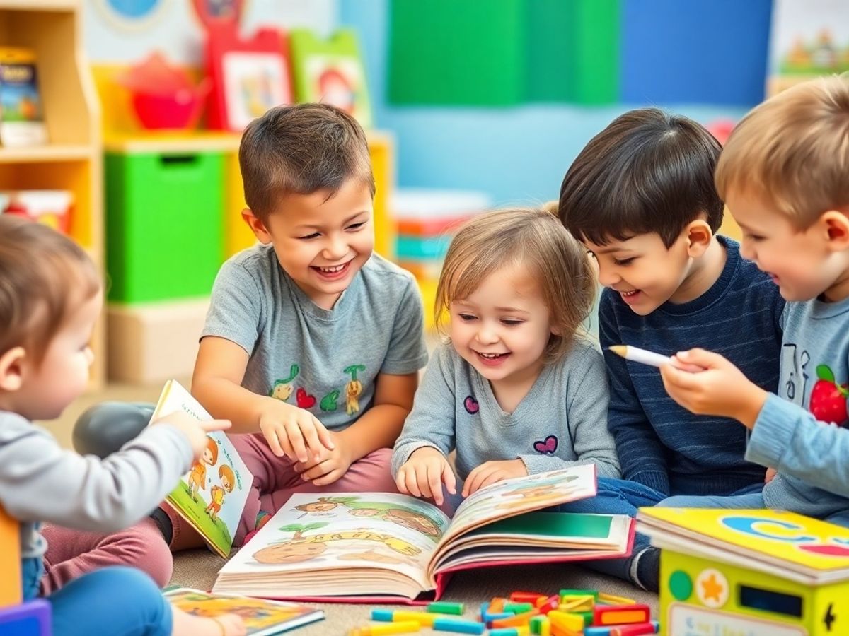 Copii citind cărți într-un mediu jucăuș.