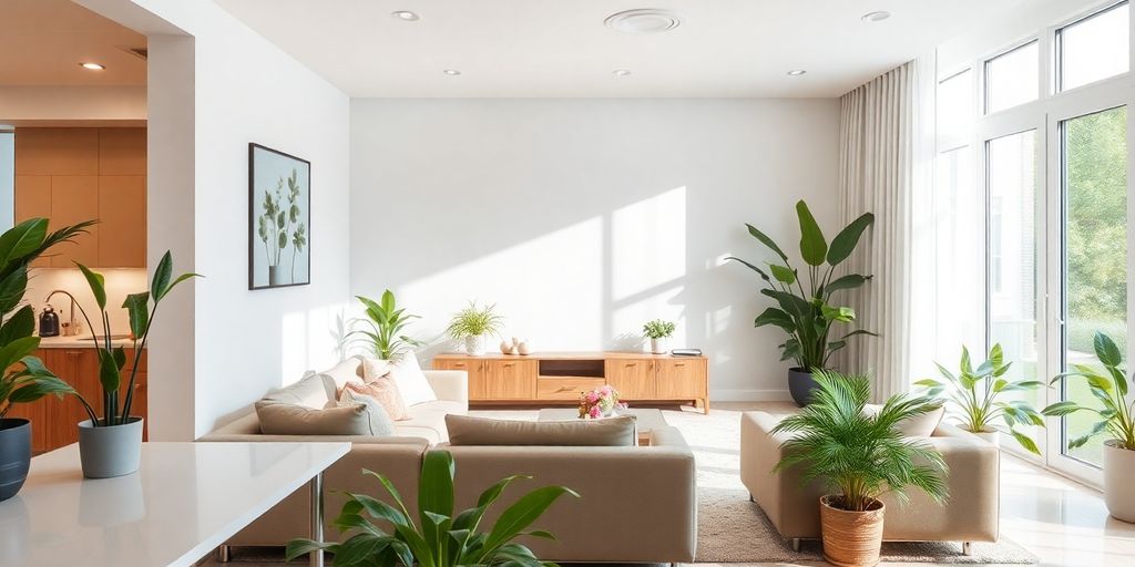 صورة لمنزل نظيف ومنظم بأثاث مرتب ونباتات