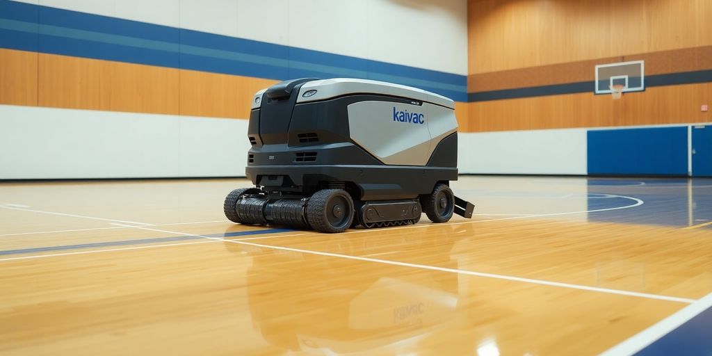 Automated floor cleaner on sports court.