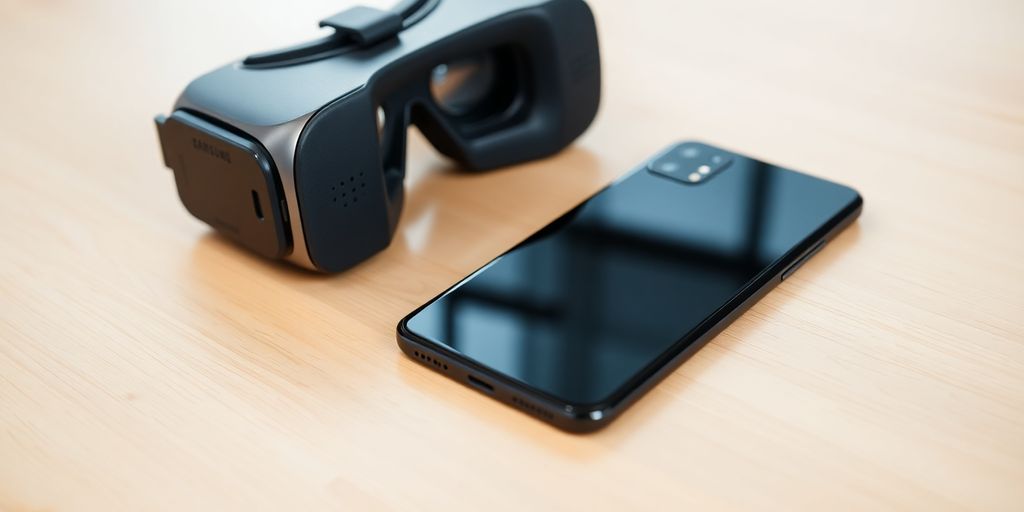 Samsung phone and Gear VR headset on a table.