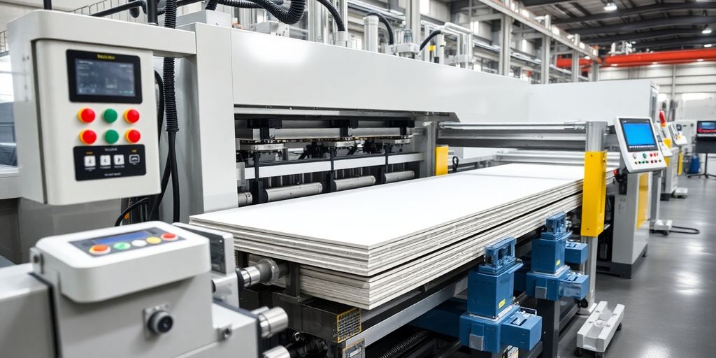 Close-up of a PU sandwich panel machine in action.