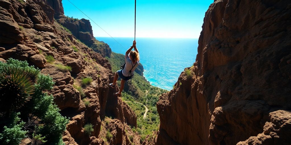Zip-lining above a canyon, ocean vista beyond, sunny day.