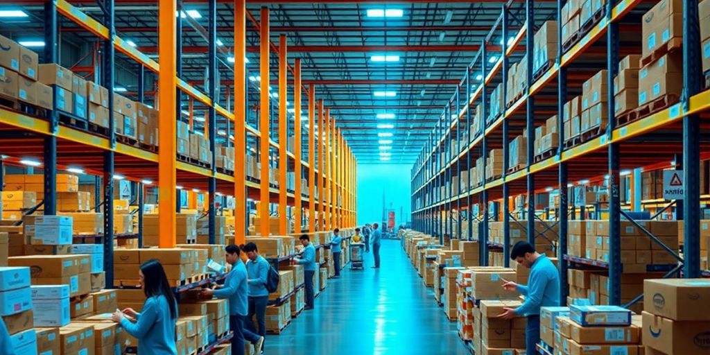 Amazon fulfillment center with workers packing products.