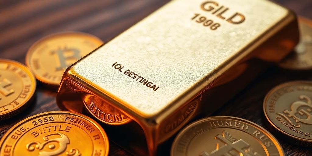Barre d'or brilliante sur une surface en bois.