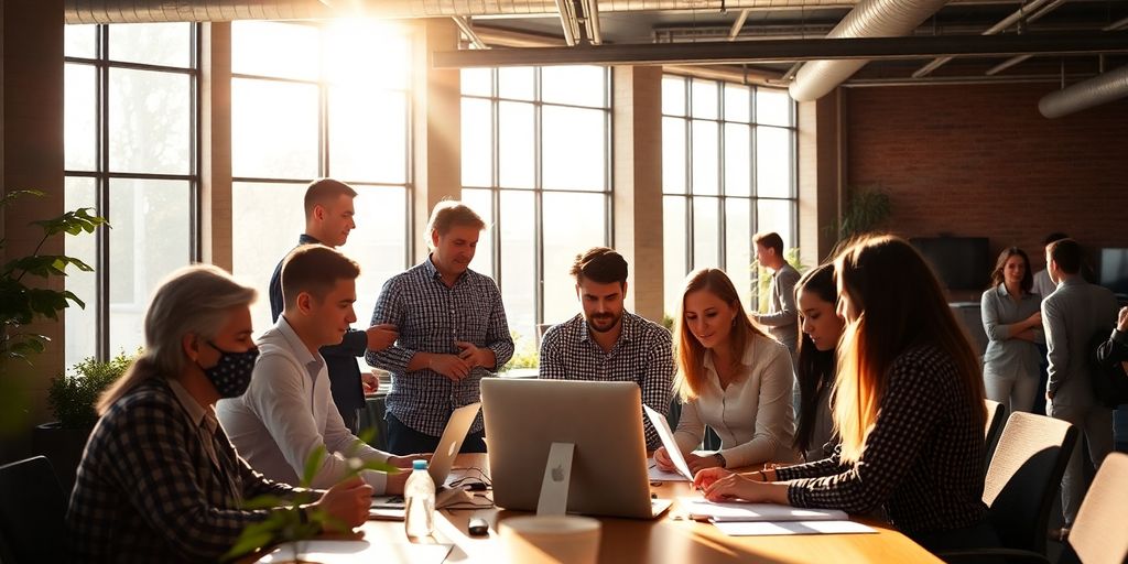 Business professionals collaborating around a digital interface.