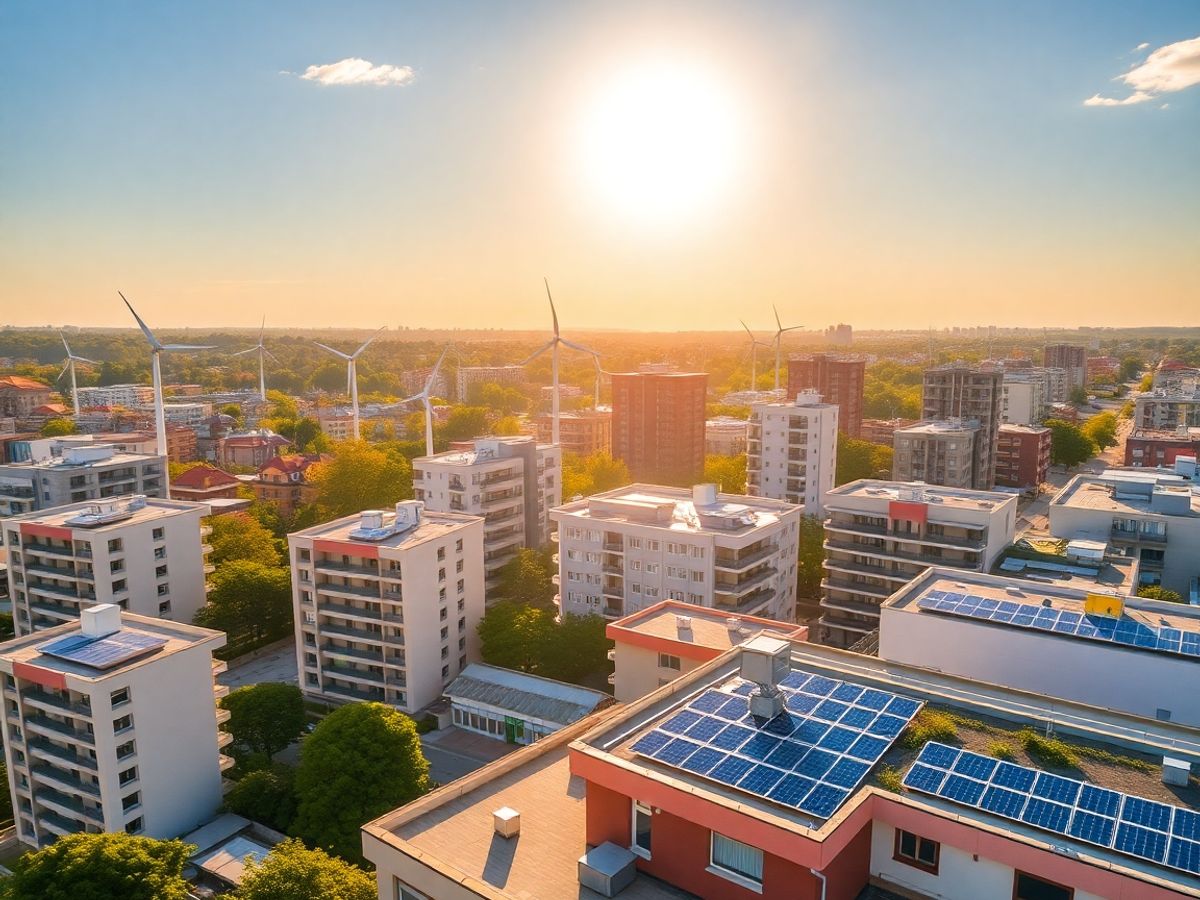 Oraș românesc cu panouri solare și turbine eoliene.