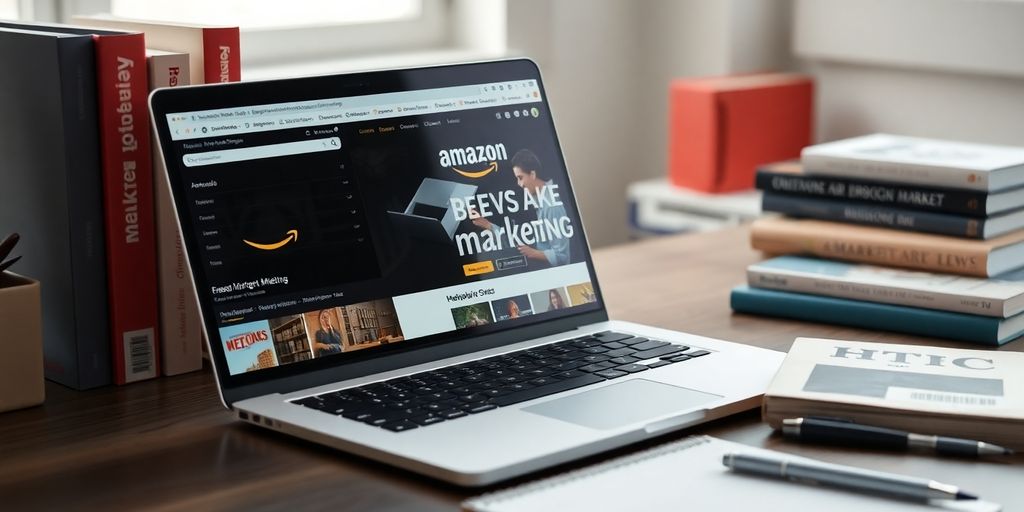 Laptop displaying Amazon ads in a bright workspace.