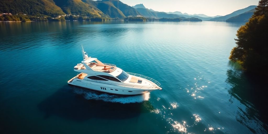 Luxury yacht on Lake Zurich under a clear blue sky.